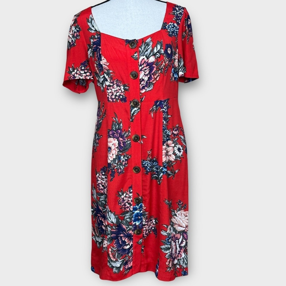 Maeve Anthropologie Caldwell Button Front‎ Dress Womens 6 Red NWT Square Neck - Picture 2 of 10